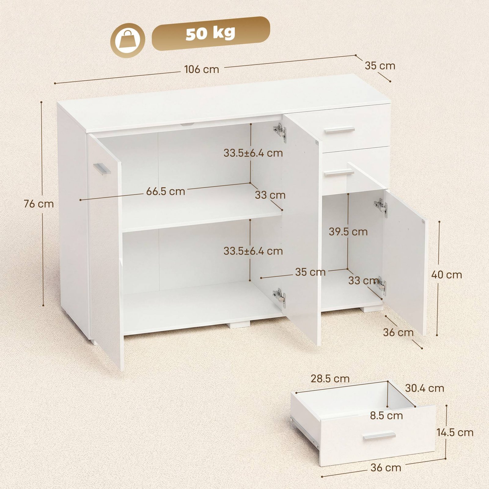 HOMCOM Sideboard, Modern Storage Cabinet with 2 Drawers, 3 Doors and Adjustable Shelves, High Gloss White - Image 3