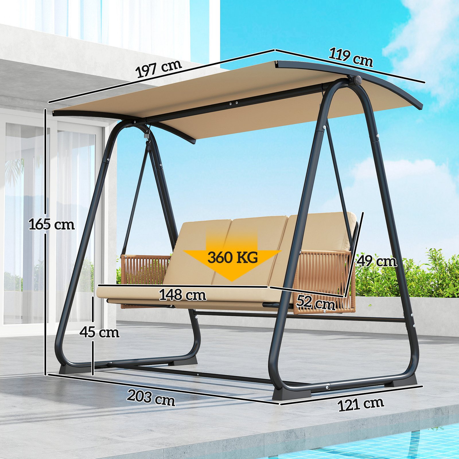 Outsunny 3 Seater Swing Chair with Adjustable Canopy, 360 kg Garden Swing Seat Outdoor Hammock Bench with Cushions, Sand Brown - Image 3