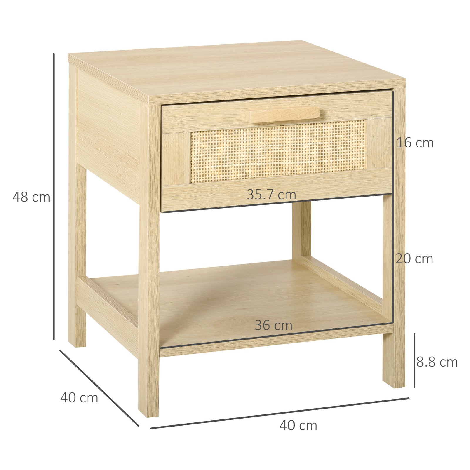HOMCOM Bedside Table, Nightstand with Rattan Drawer and Storage Open Shelf, Farmhouse Side Table for Bedroom, Living Room, Set of 2 - Image 3