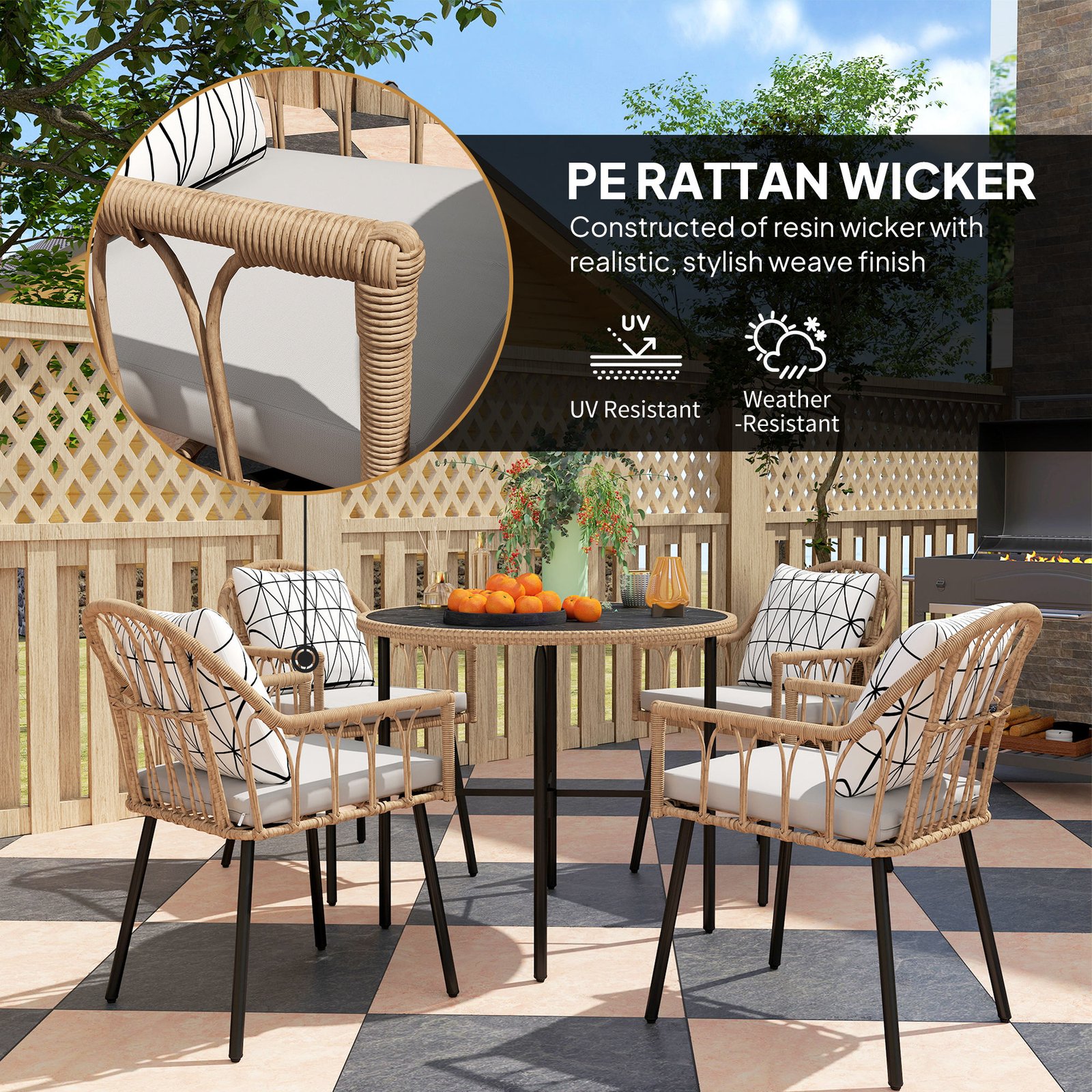 Outsunny 5 Piece Patio Rattan Dining Set, Wicker Garden Table and Chairs w/ Removable Seat & Back Cushions, Round Tempered Glass Tabletop, Parasol Hole, Outdoor Furniture Conservatory Set, Light Brown - Image 4