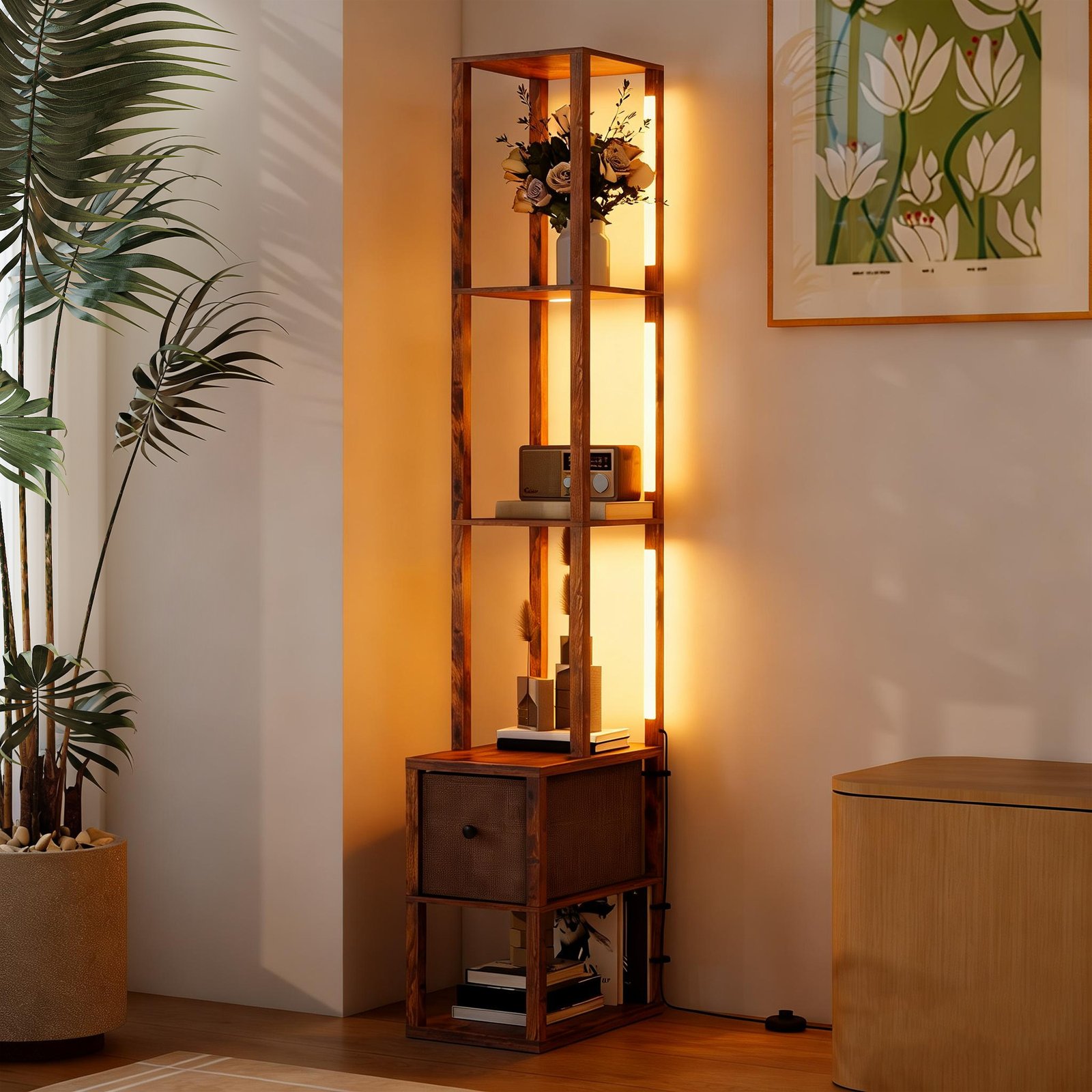 HOMCOM Floor Lamp with Shelves, LED Column Modern Standing Lamp with Fabric Drawer, Adjustable Brightness, Foot Switch for Living Room, Bedroom, Office, Rustic Brown - Image 8