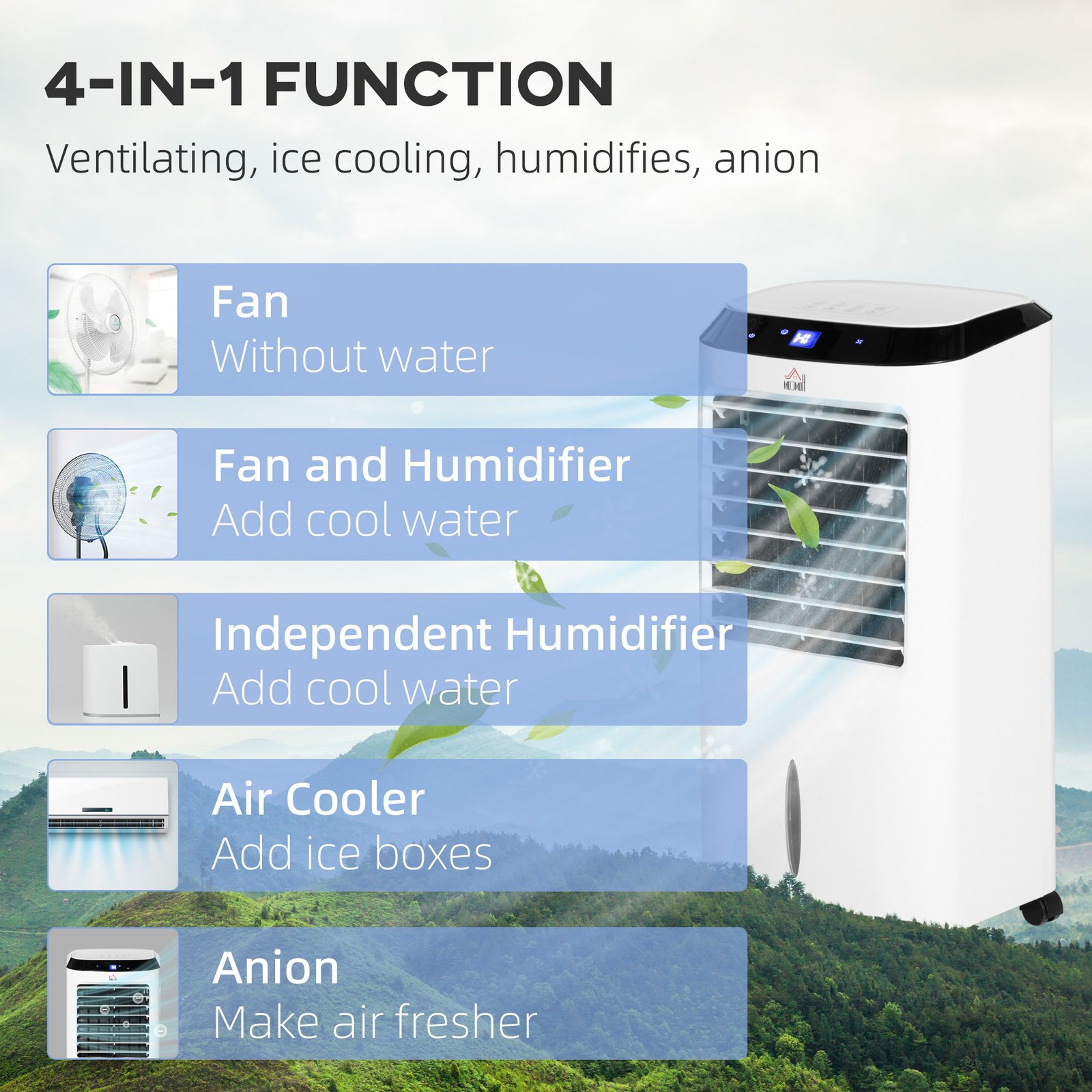 HOMCOM Portable Air Cooler, Evaporative Anion Ice Cooling Fan Water Conditioner Humidifier Unit with 10L Water Tank, 3 Modes, 3 Speed, Remote, Timer, Oscillating for Home Quiet Bedroom, White - Image 6