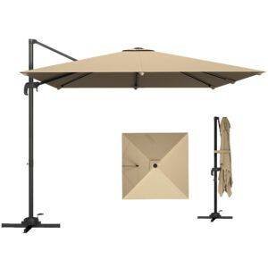 Outsunny 3 x 3 m Cantilever Parasol, Square Patio Umbrella with Crank Handle, Cross Base, Tilt, 360° Rotation, Khaki
