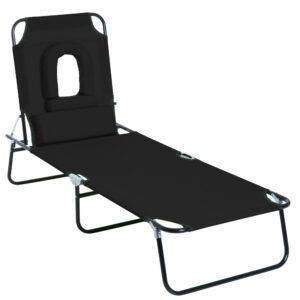 Outsunny Outdoor Folding Sun Lounger with Face Hole, 4 Level Adjustable Backrest Reclining Garden Lounger, Garden Recliner Sunbed with 600 D Oxford Cloth Seat and Pillow for Beach, Black
