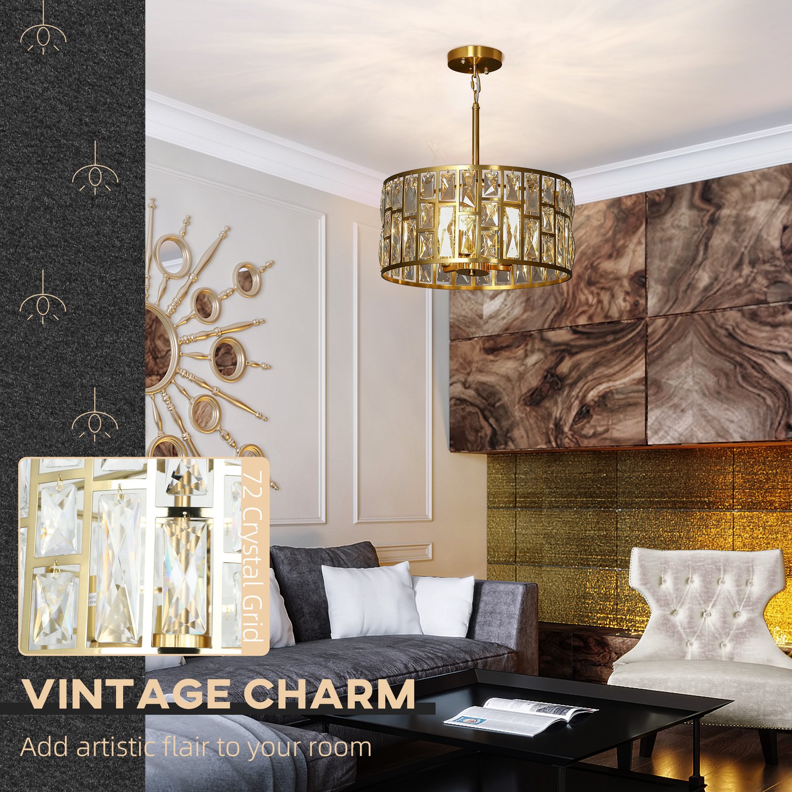 HOMCOM 72 Glass Crystallite Chandelier - Gold-Tone - Image 4