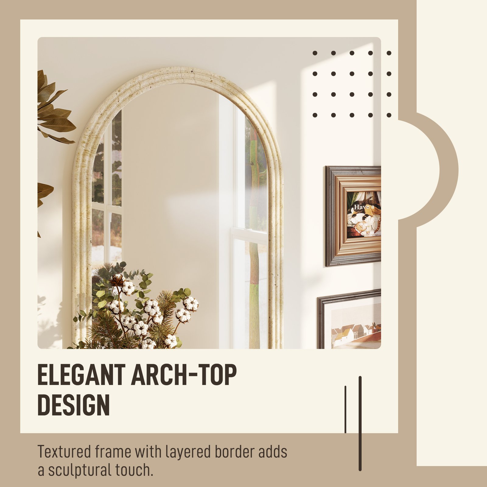 HOMCOM Arched Wall Mirror with Grooved Edge & Hooks, Wall-Mounted Mirror, Modern Tempered Glass & Polystyrene Beige - Image 4