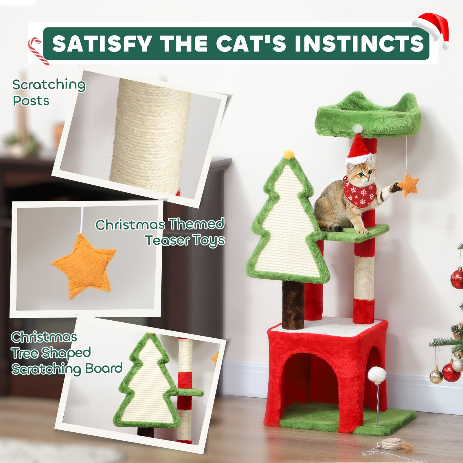 PawHut Christmas Cat Tree, 120cm Cat Tower with Scratching Post & Board, Platform, Toys, Green - Image 5