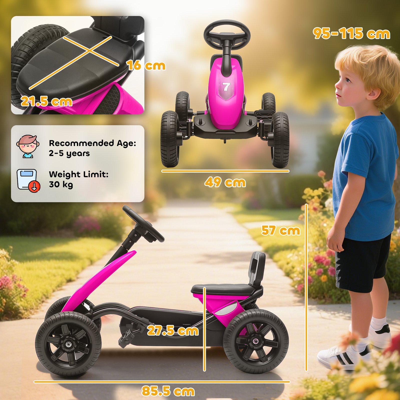AIYAPLAY Pedal Go Kart for Kids 2-5 Years, with Silent EVA Wheels, Metal Frame, Pink - Image 3