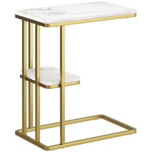 HOMCOM C-Shaped Narrow Side Table, 2-Tier Slim End Table, Nightstand for Small Spaces, Living Room, Bedroom, White Marble Grain