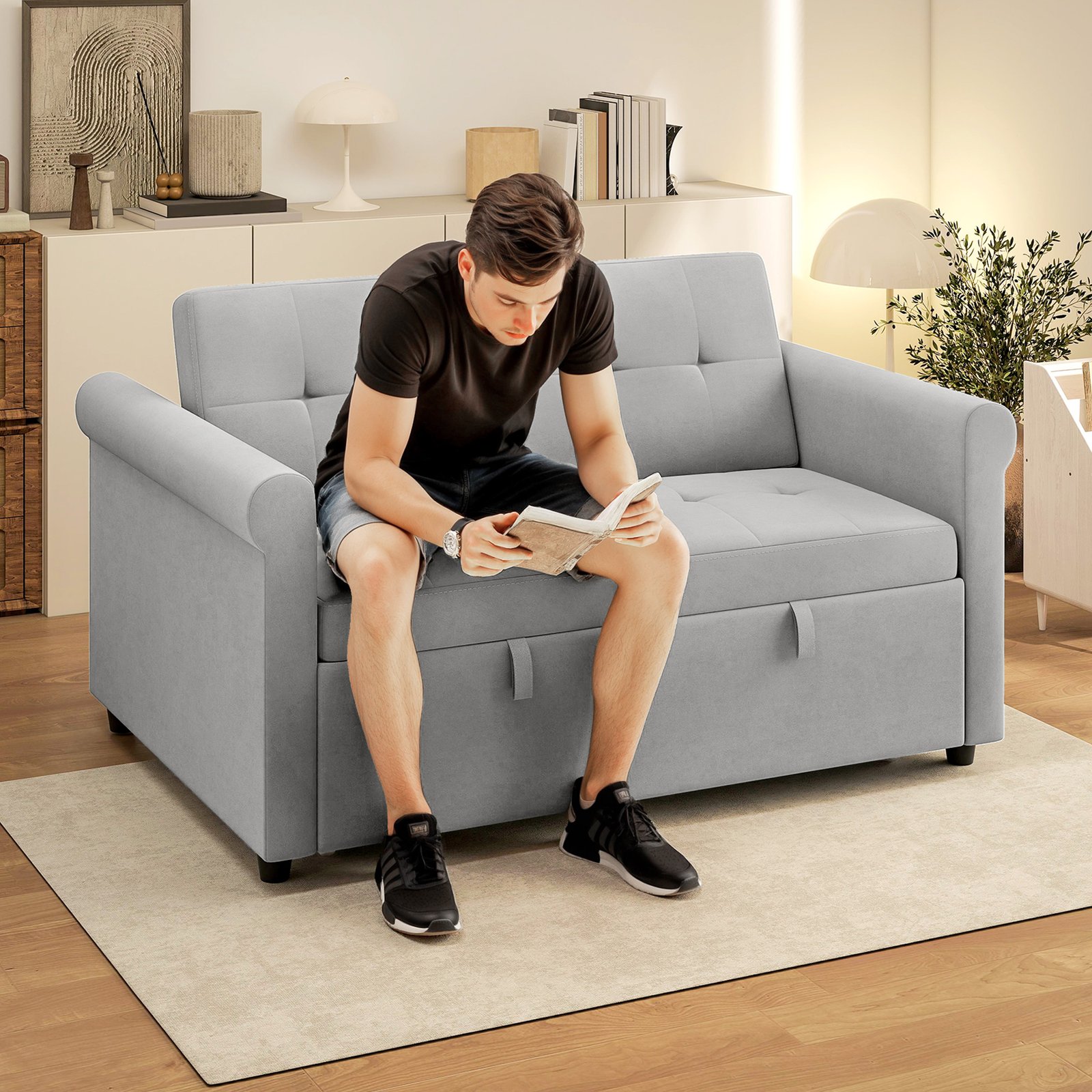 HOMCOM Two-Seater Velvet-Feel Sofa Bed - Grey - Image 2