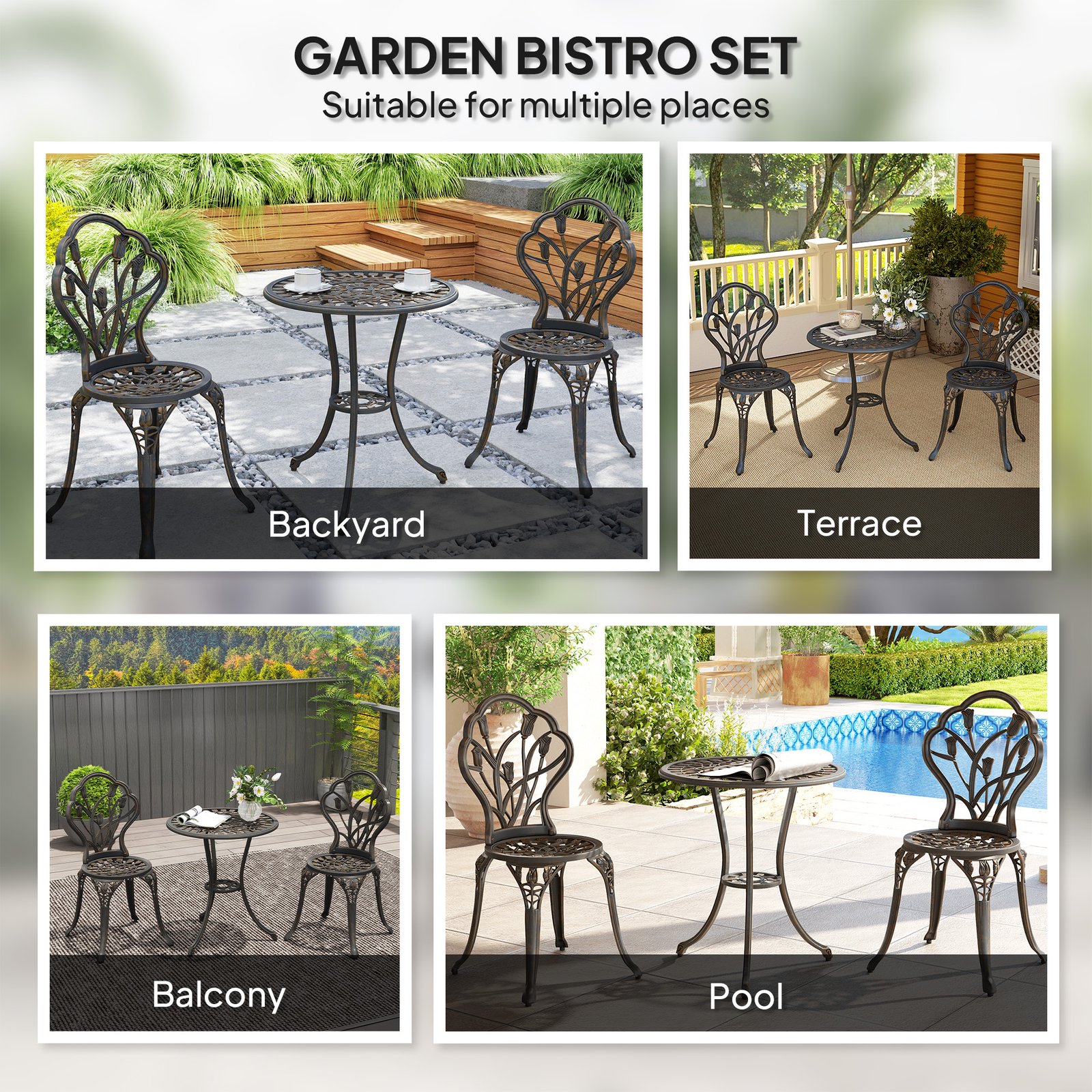 Outsunny 3 Piece Patio Bistro Set for 2, Outdoor Aluminium Garden Table and Chairs with Umbrella Hole for Balcony, Bronze Tone - Image 6