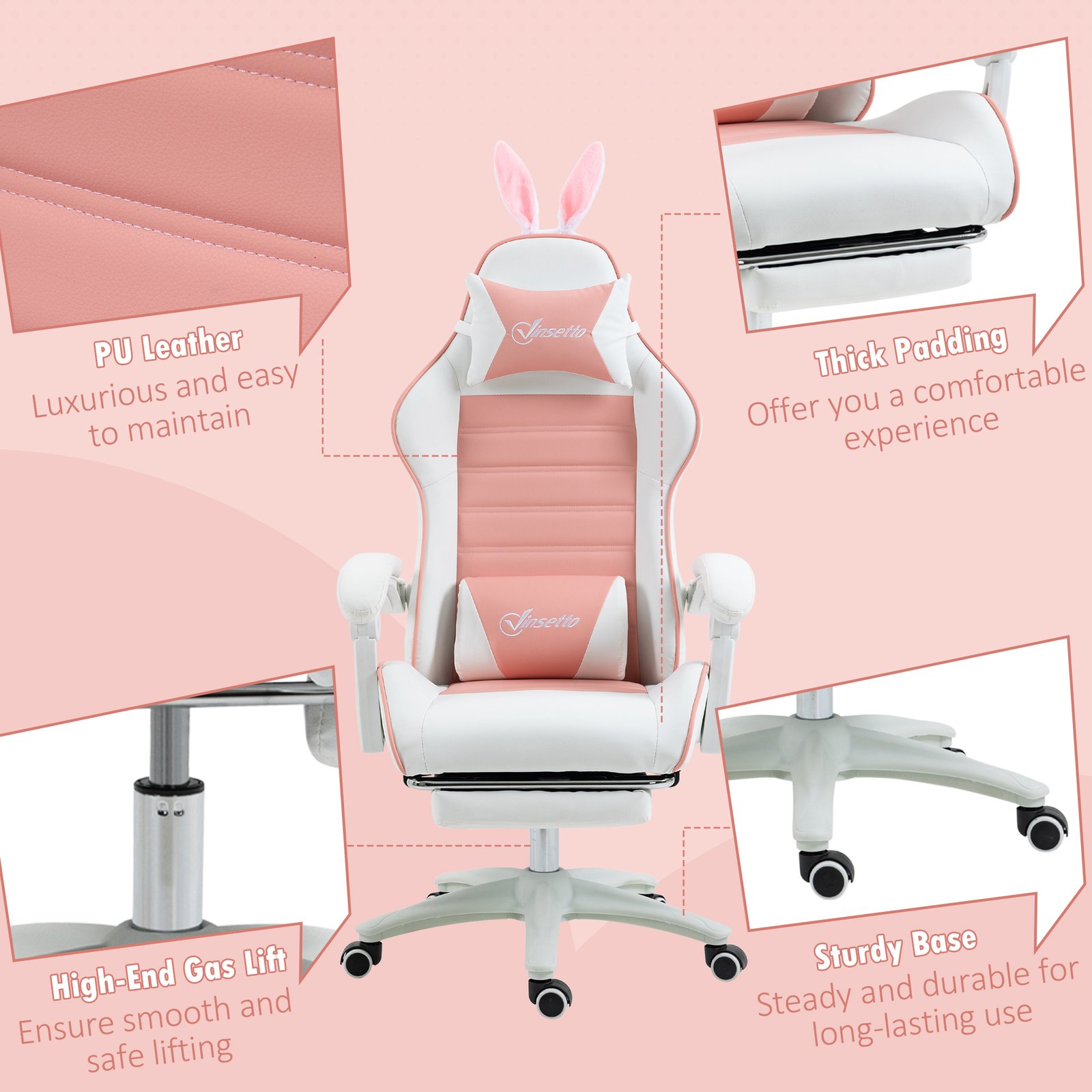 Vinsetto Racing Gaming Chair, Reclining PU Leather Computer Chair with Removable Rabbit Ears, Footrest, Headrest and Lumber Support, Pink - Image 9