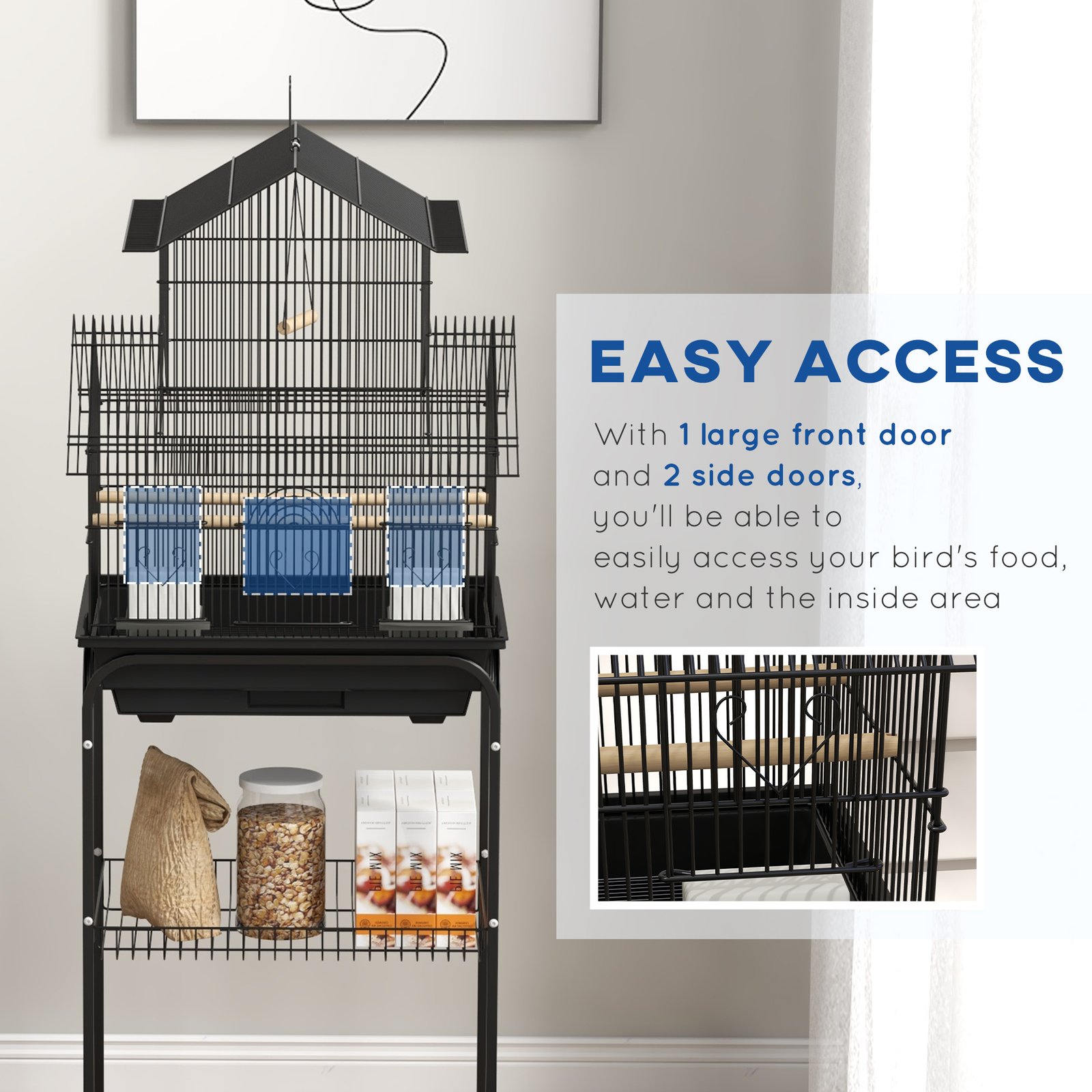 PawHut Metal Bird Cage with Plastic Swing, Perch, Food Container, Tray, Handle, for Finches, Canaries, Budgies, 43.5 x 33 x 121 - Image 6