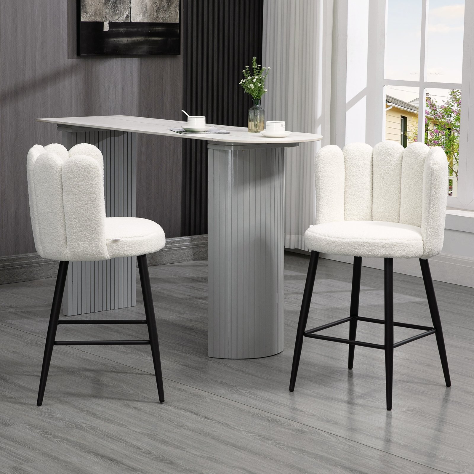 HOMCOM Bar Stools Set of 2, Modern Boucle Upholstered Shell Barstools, Breakfast Bar Chairs with Backrest, Footrest and Steel Base for Kitchen Counter, Cream - Image 2