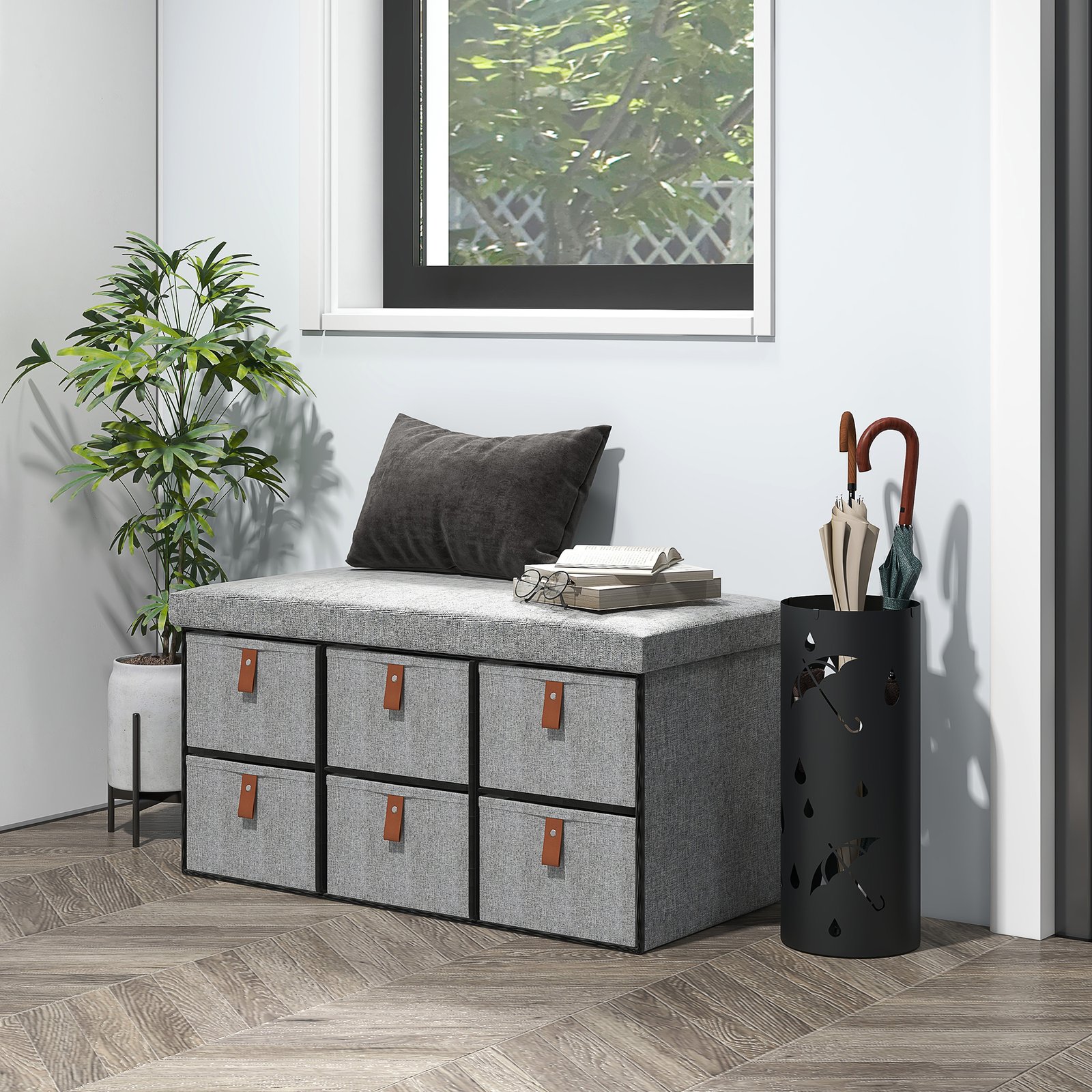 HOMCOM Shoe Bench with Seat, Shoe Storage Bench with Cushion and 6 Fabric Drawers for Entryway, Hallway, Living Room, Bedroom, Light Grey - Image 2
