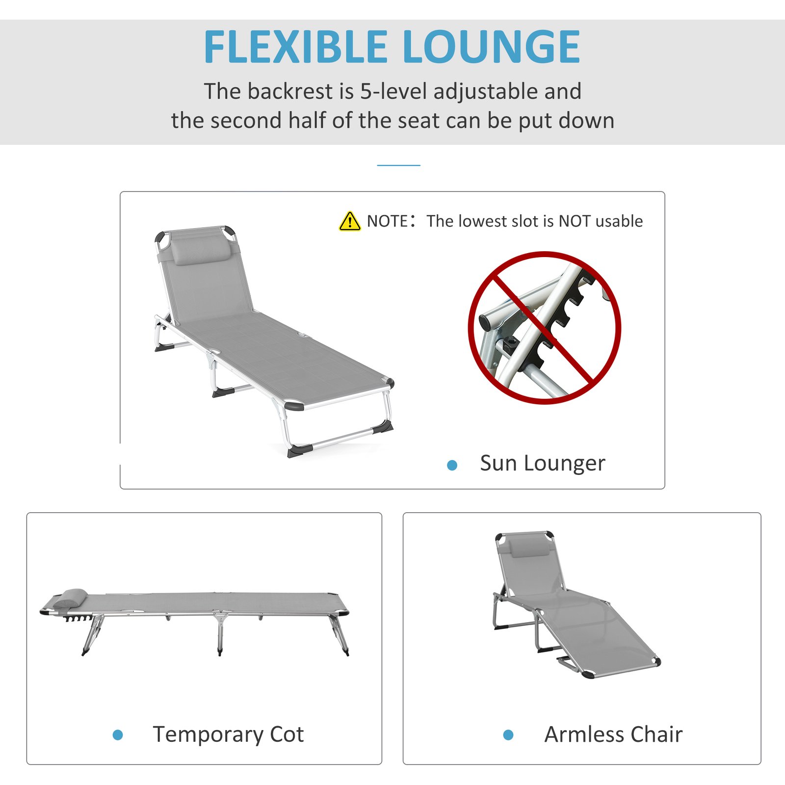 Outsunny Foldable Outdoor Sun Lounger Set of 2, Reclining Lounge Chair Camping Bed Cot with Pillow 4-Level Adjustable Back Aluminium Frame, Light Grey - Image 4