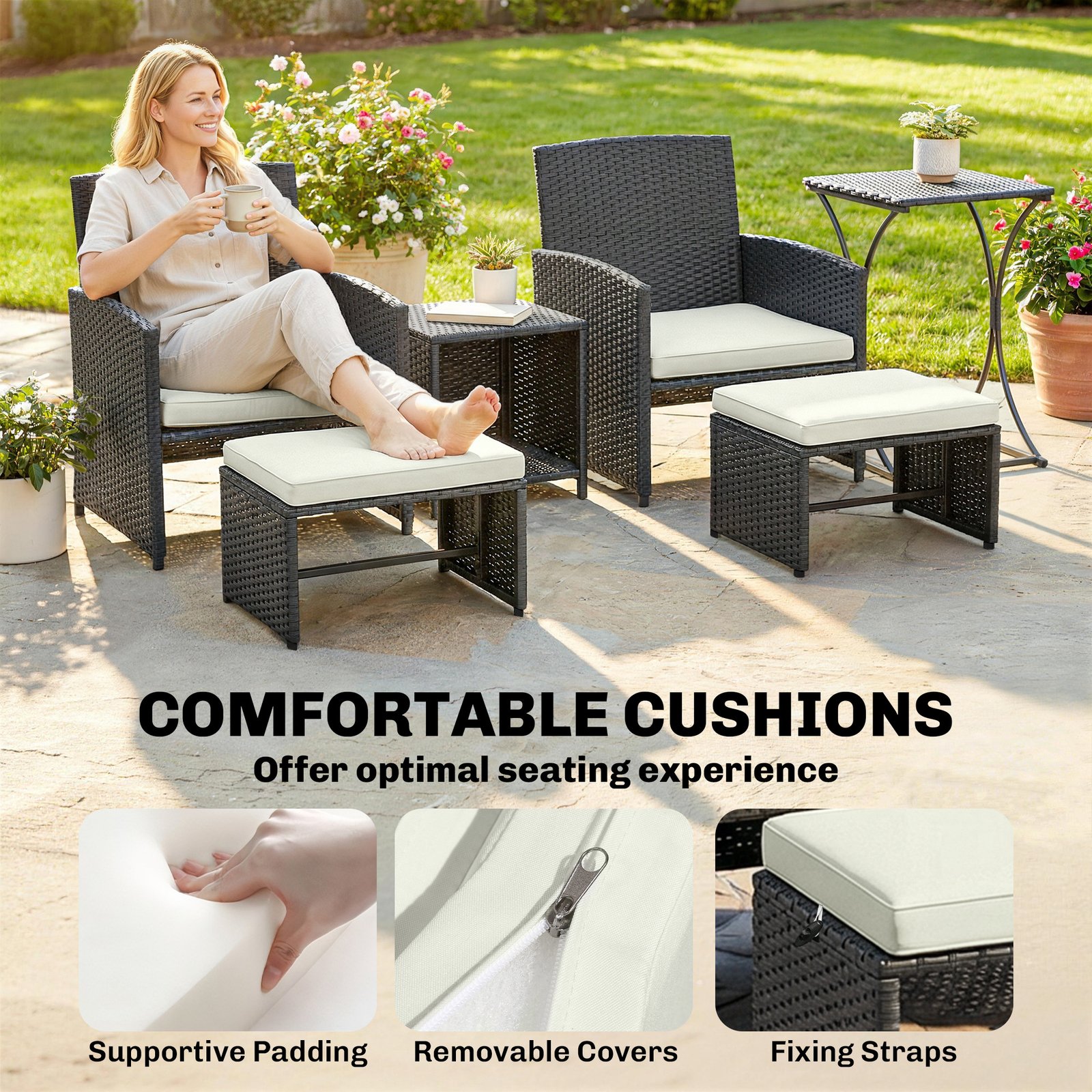 Outsunny 6 Piece Rattan Garden Furniture, Space-Saving Patio Furniture Set with Nesting Tables, Chairs, Stools, Cushions, Black - Image 8