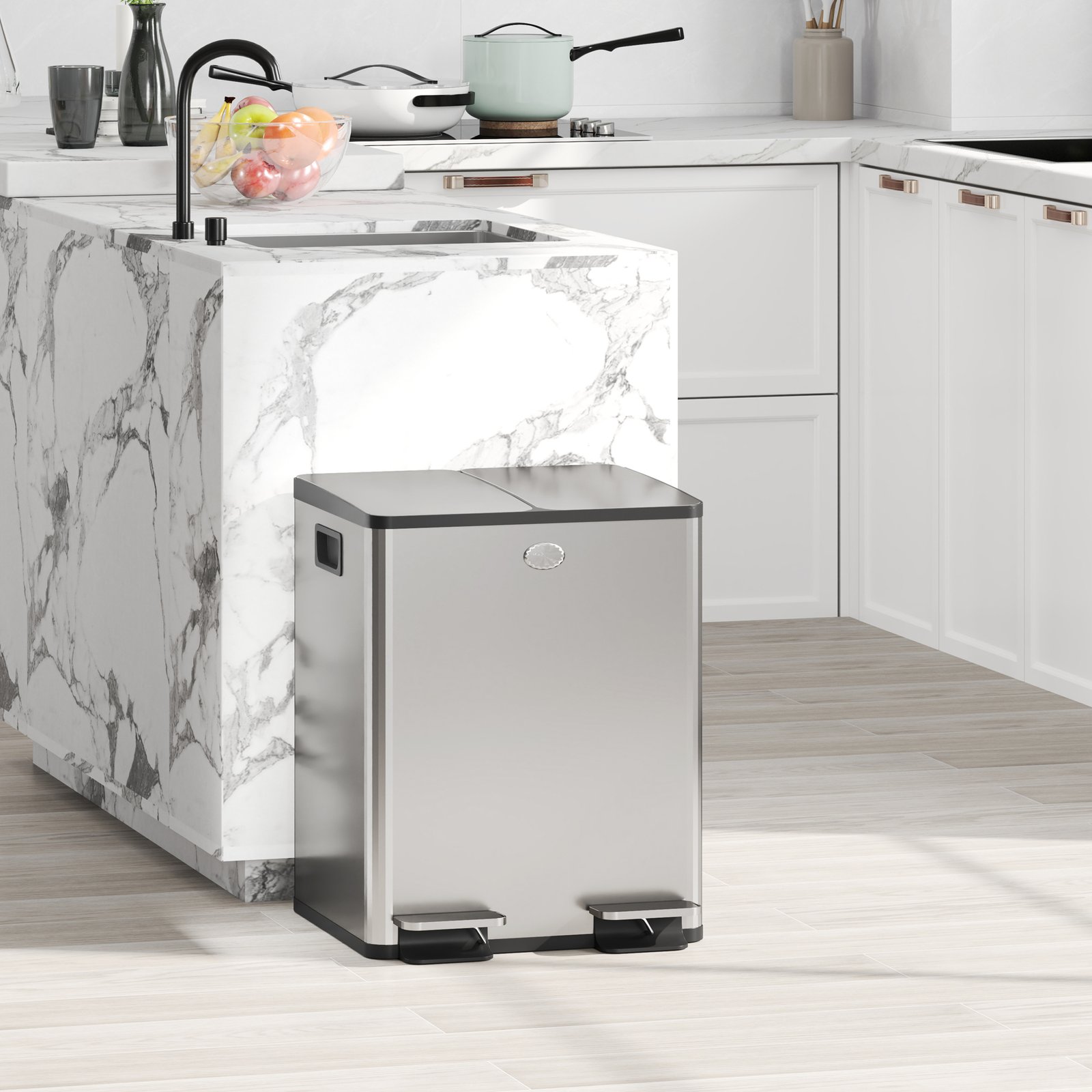 HOMCOM 40L Dual Compartment Stainless Steel Bin, with Deodoriser Holders - Silver Tone - Image 2