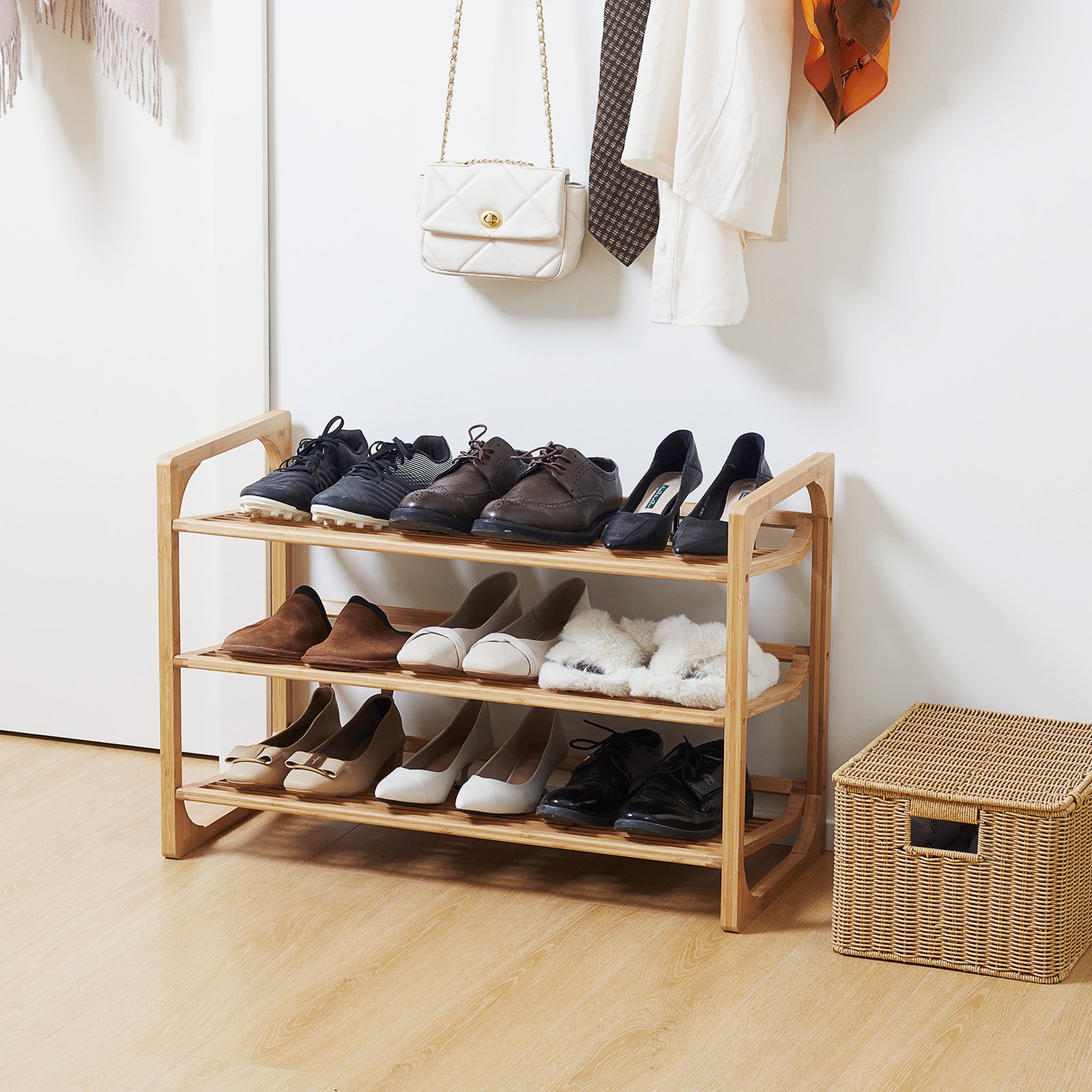 HOMCOM 3-Tier Shoe Rack, Bamboo Shoe Storage Organizer with Slatted Shelves, Free Standing Shoe Shelf Stand for 9 Pairs of Shoes for Entryway, Hallway, Natural - Image 2
