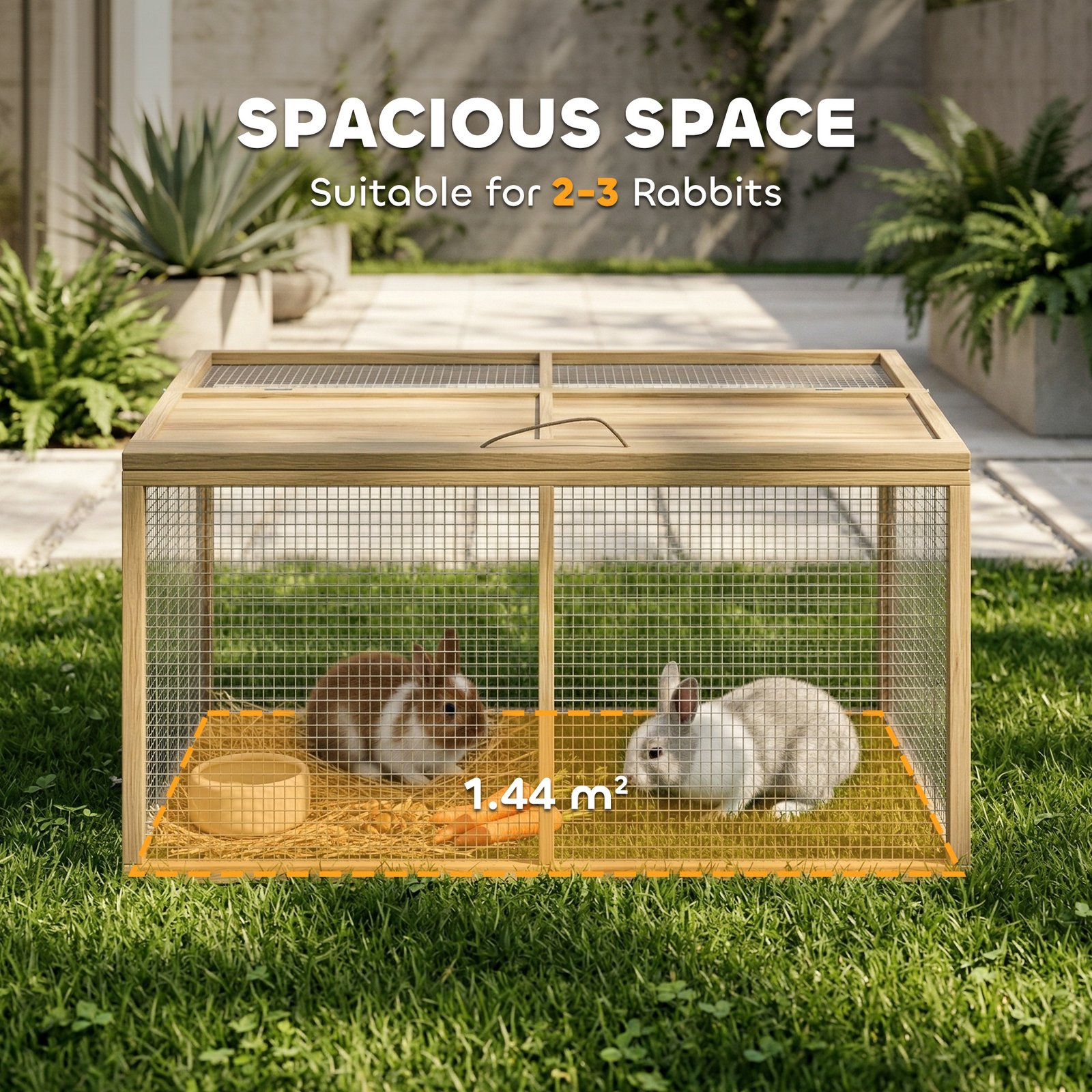 PawHut Wooden Folding Rabbit Hutch, for 2-3 Rabbits - Natural Wood - Image 4