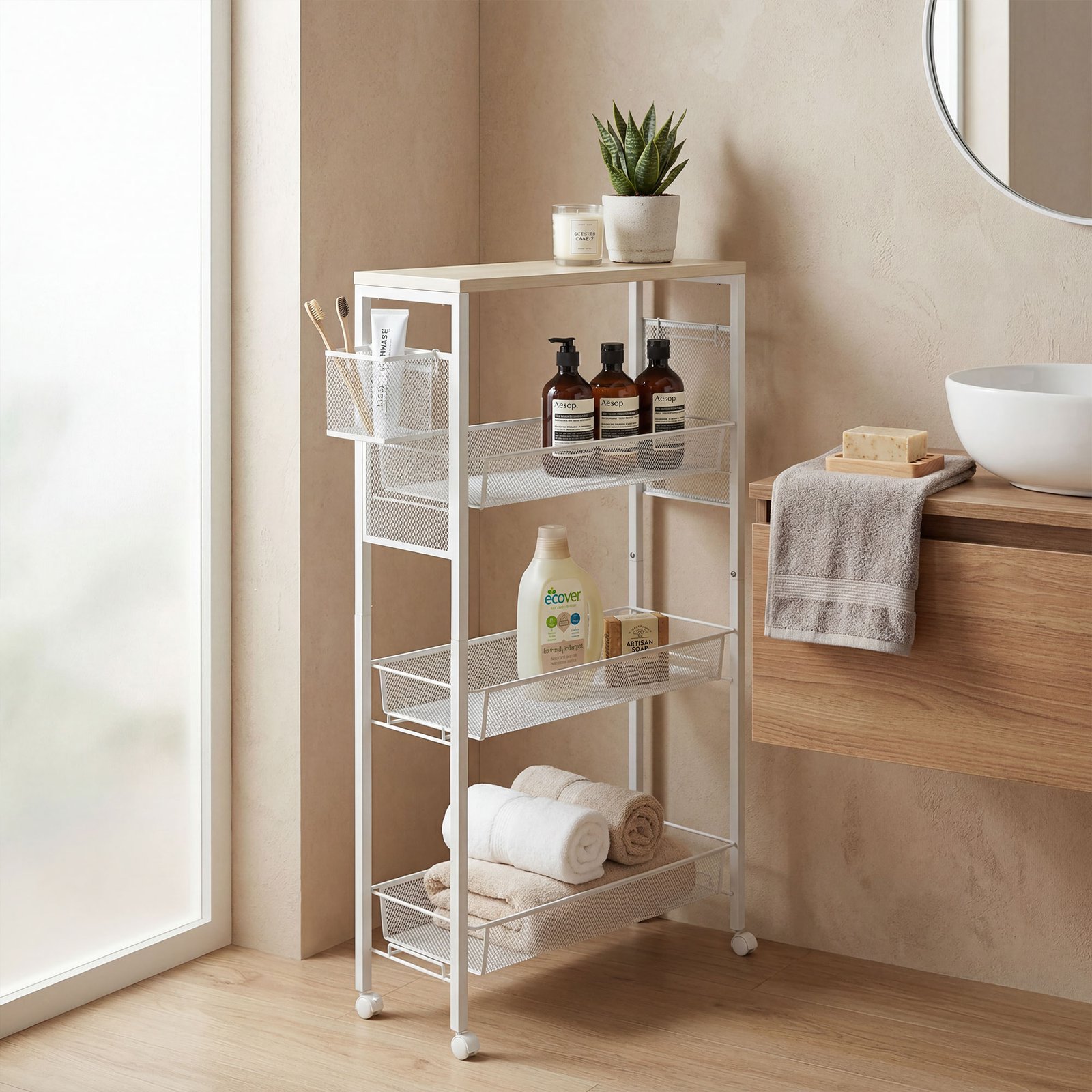 HOMCOM 3-Tier Kitchen Cart with 3 Steel Wire Baskets - White - Image 8