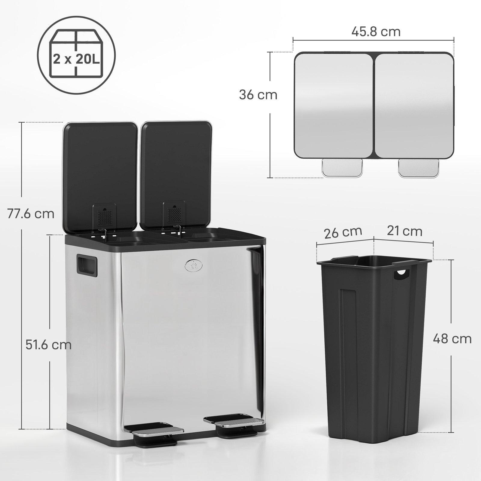HOMCOM 40L Dual Compartment Stainless Steel Bin, with Deodoriser Holders - Silver Tone - Image 3