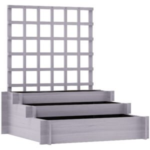 Outsunny 3 Tier Garden Planters with Trellis for Vine Climbing, Wooden Raised Beds, 95x95x110cm, Grey