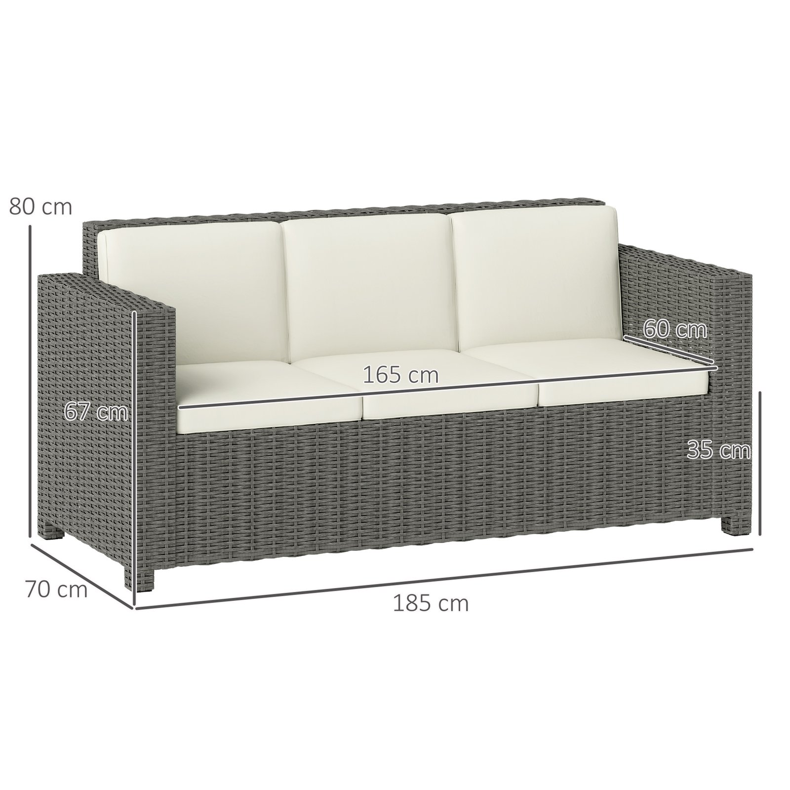 Outsunny 3 Seater Rattan Sofa All-Weather Wicker Weave Metal Frame Chair with Fire Resistant Cushio-Cream - Image 3