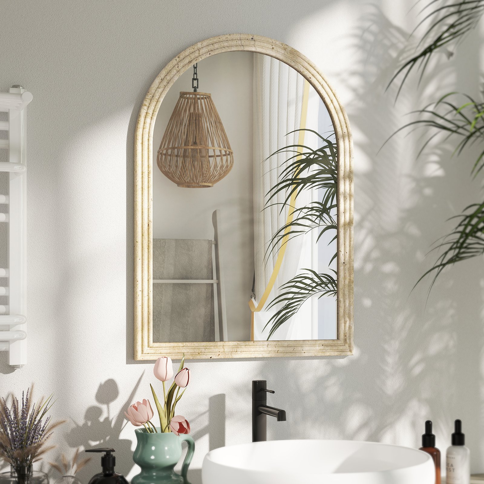 HOMCOM Arched Wall Mirror with Grooved Edge & Hooks, Wall-Mounted Mirror, Modern Tempered Glass & Polystyrene Beige - Image 2