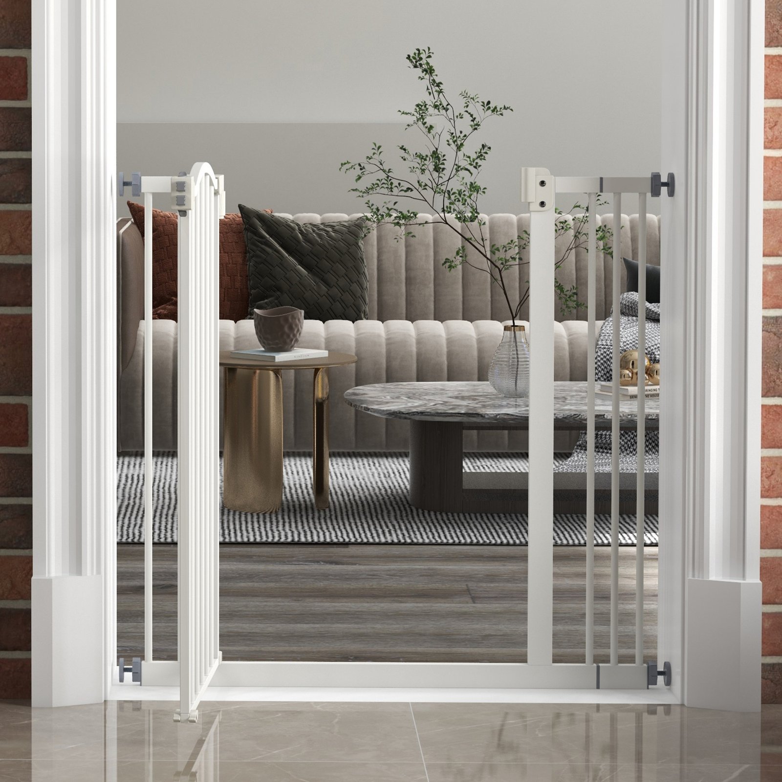 PawHut Metal 74-87cm Adjustable Pet Gate Safety Barrier w/ Auto-Close Door White - Image 9