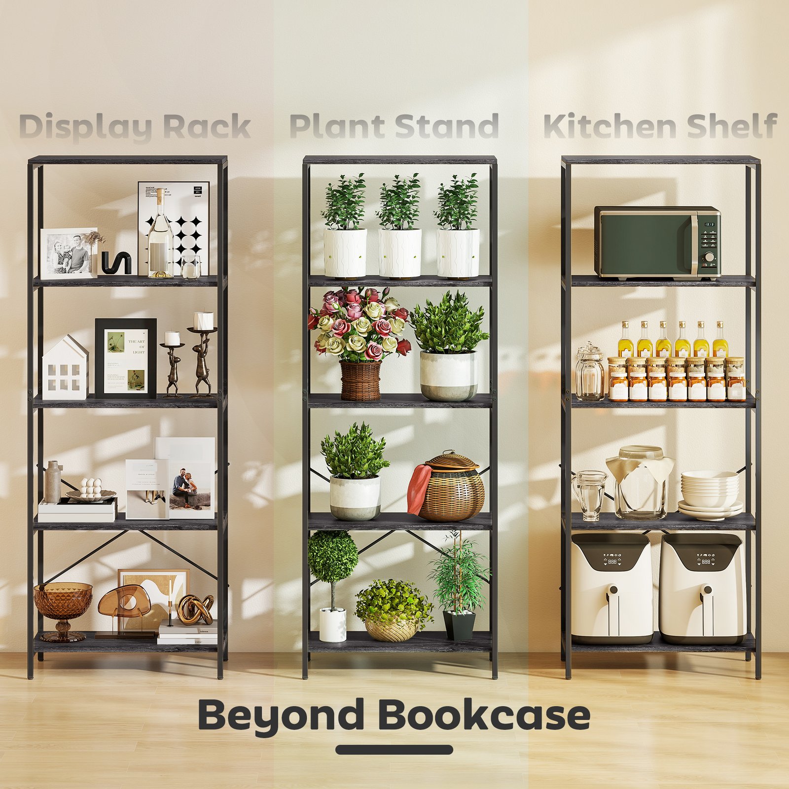 HOMCOM 5-Tier Bookshelf, Industrial Bookcase with Metal Frame - Dark Grey and Black - Image 6