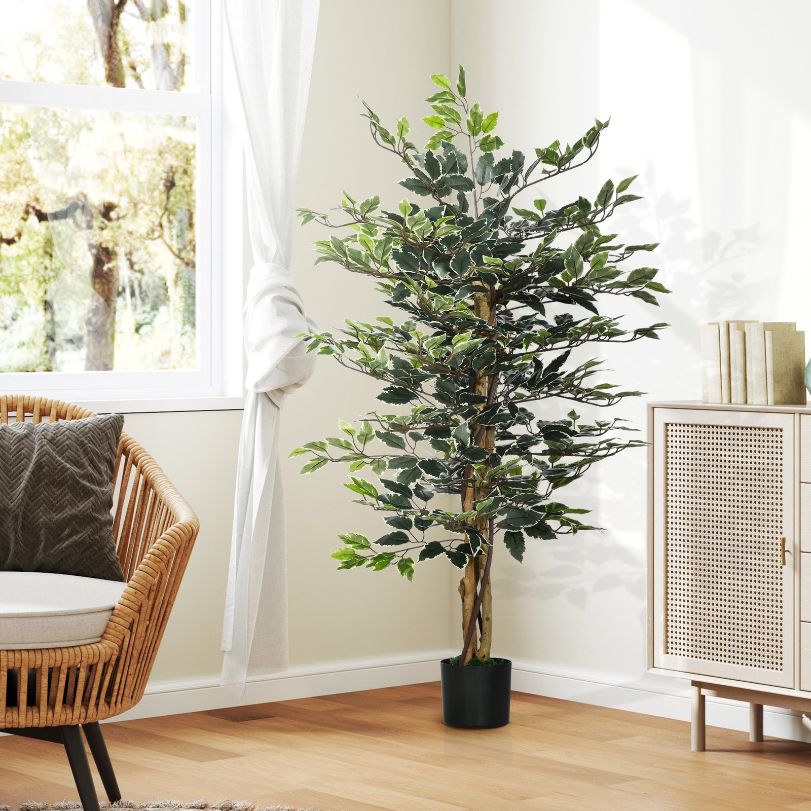 HOMCOM 4.5ft Ficus Artificial Plant with Realistic Leaves, Potted Fake Tree for Home Office Indoor Decor, Green - Image 4