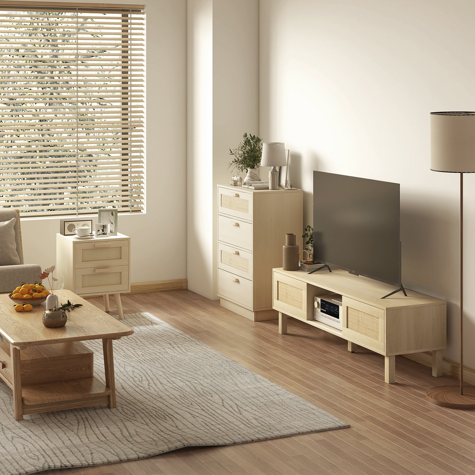 HOMCOM Chest of Four Rattan Weave Panel Drawers - Wood-Effect - Image 7