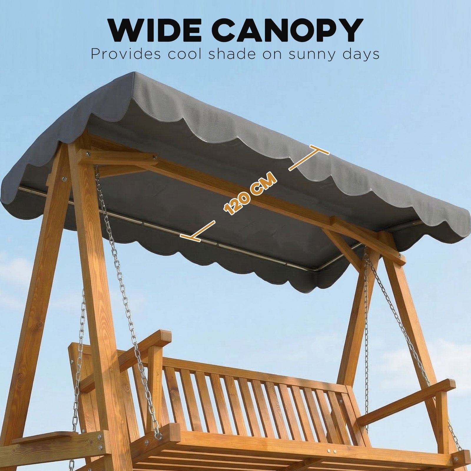 Outsunny 3 Seater Garden Swing Seat with Canopy, Wooden Swing Chair, Outdoor Hammock Bench for Balcony Patio Porch, Dark Grey - Image 4