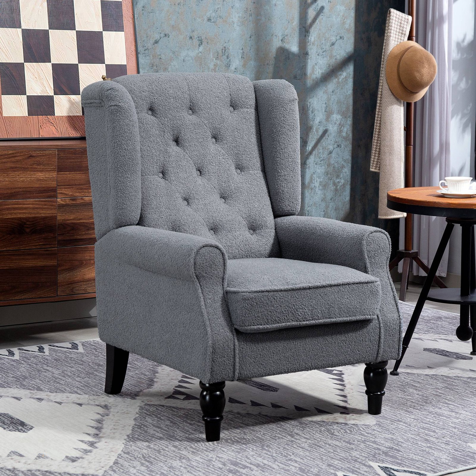 HOMCOM Wingback Accent Chair, Retro Upholstered Button Tufted Occasional Chair for Living Room and Bedroom, Grey - Image 2