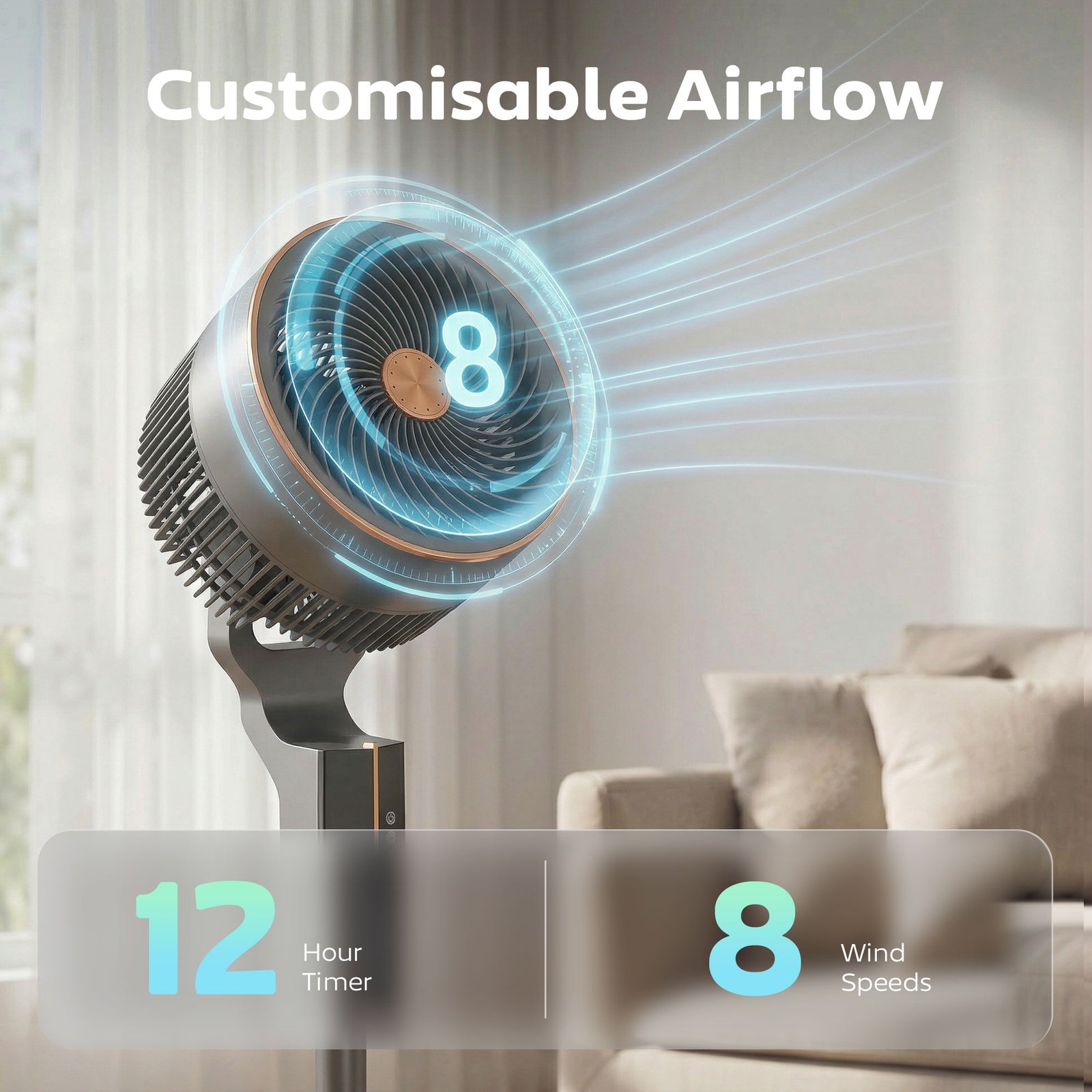 HOMCOM 20 dB Silent Standing Fan for Bedroom, 46" Pedestal Fan with Remote, 85° Oscillating, 8 Speeds - Image 4