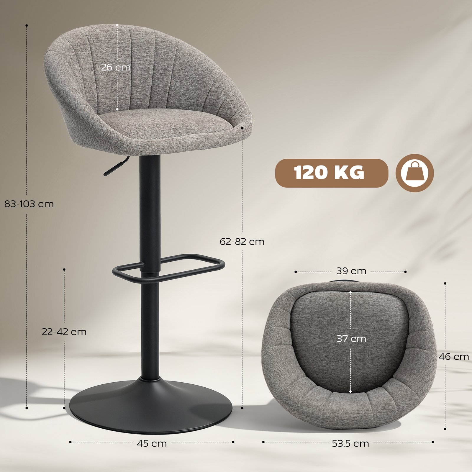 HOMCOM Set of Two Relaxed Tub Bar Stools - Grey - Image 3