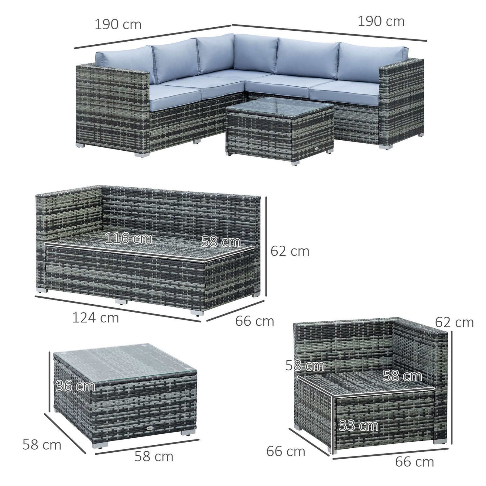 Outsunny Four-Piece Rattan Sofa Set with 11 Cushions, Steal Frame - Grey - Image 3