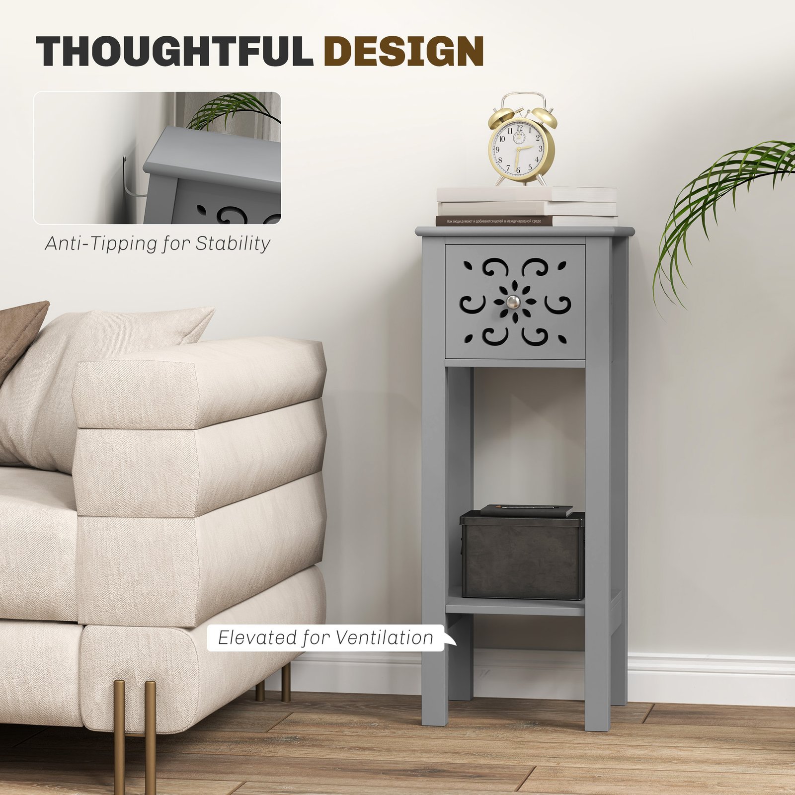 HOMCOM Set of Two Elegant Floral Cut-Out Side Tables - Grey - Image 6