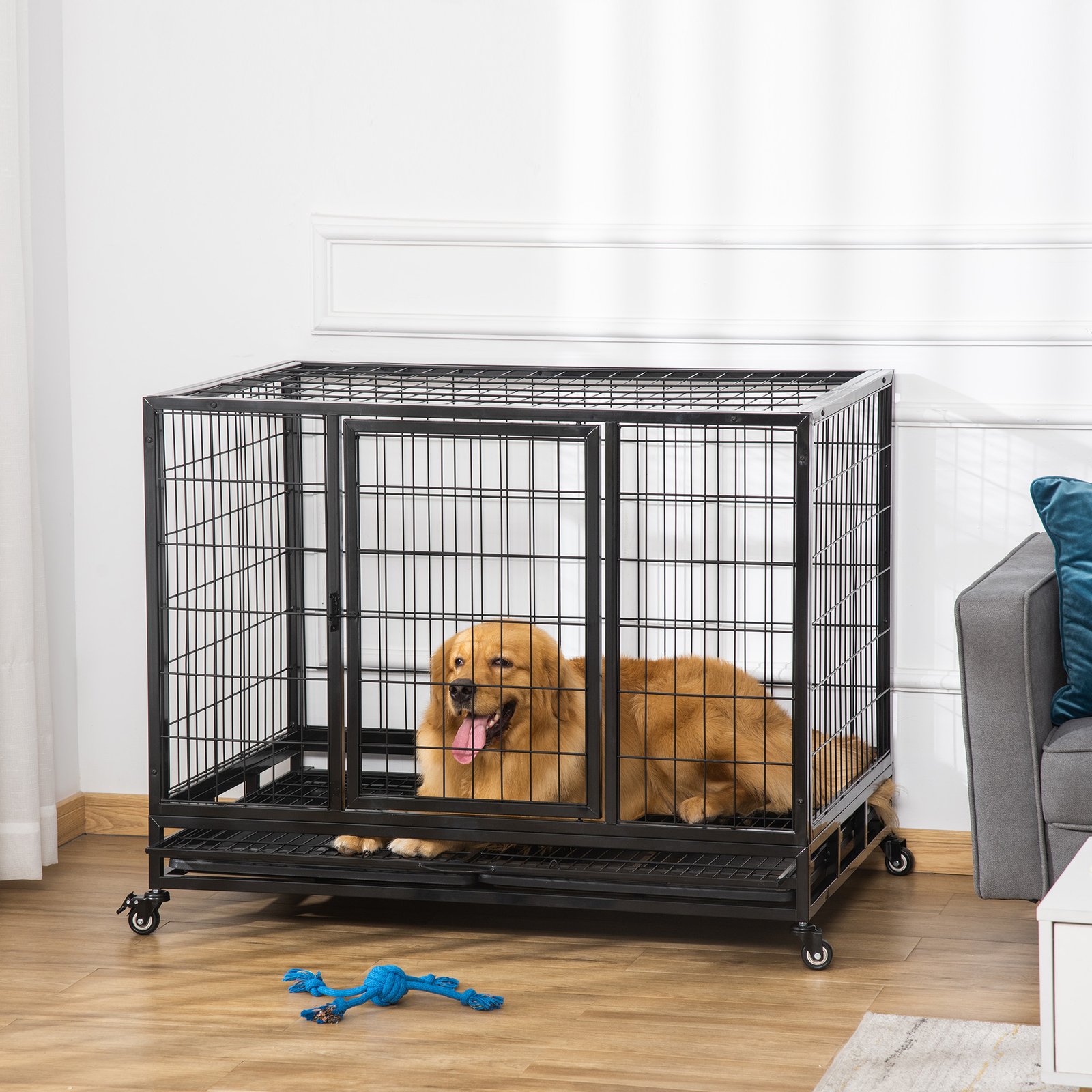 PawHut 43" Heavy Duty Metal Dog Crate Pet Cage with Tray Wheeled Dog Kennel - Black (Large) - Image 2