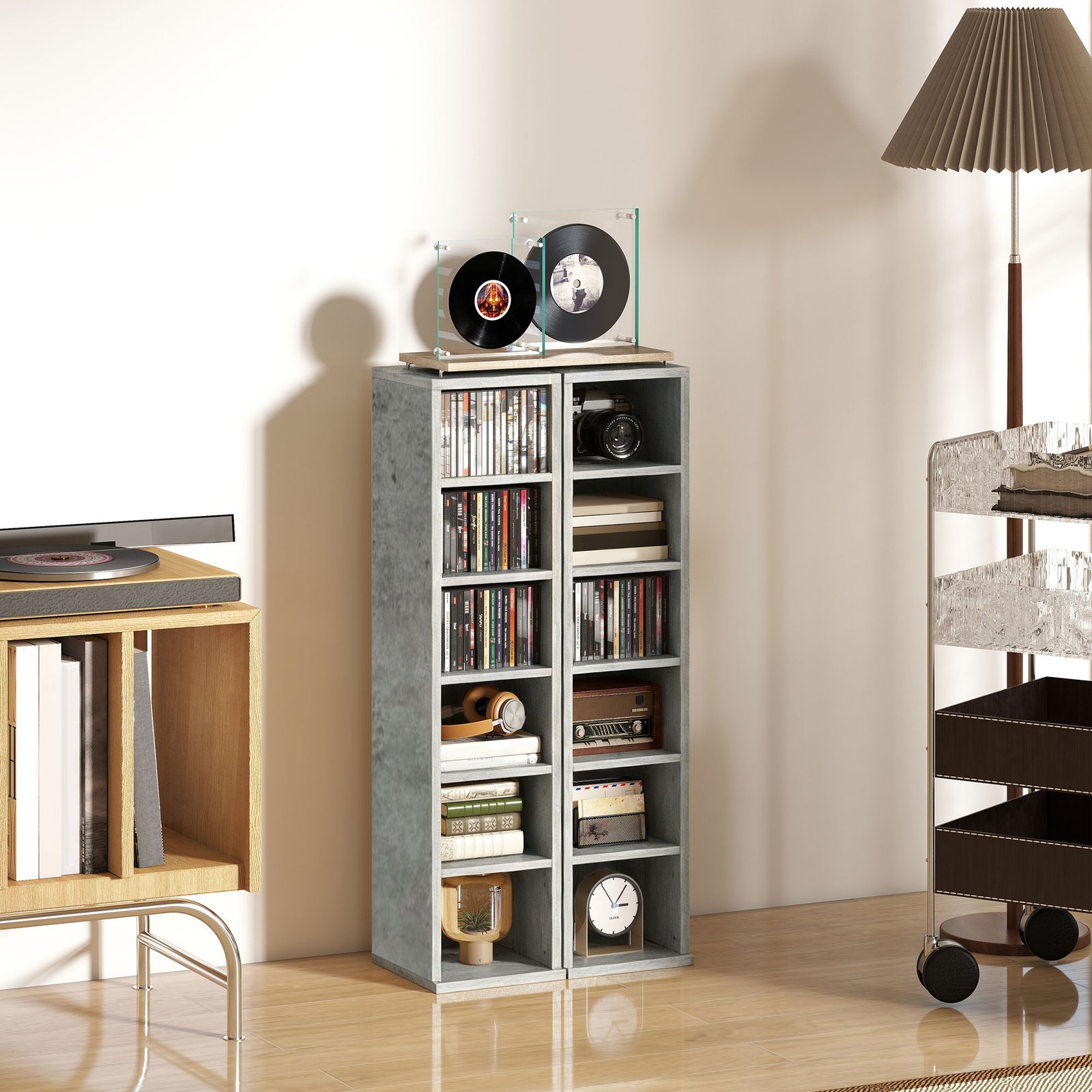 HOMCOM Set of 2 CD Media Display Shelf Unit Tower Rack with Adjustable Shelves, Cement Grey - Image 9