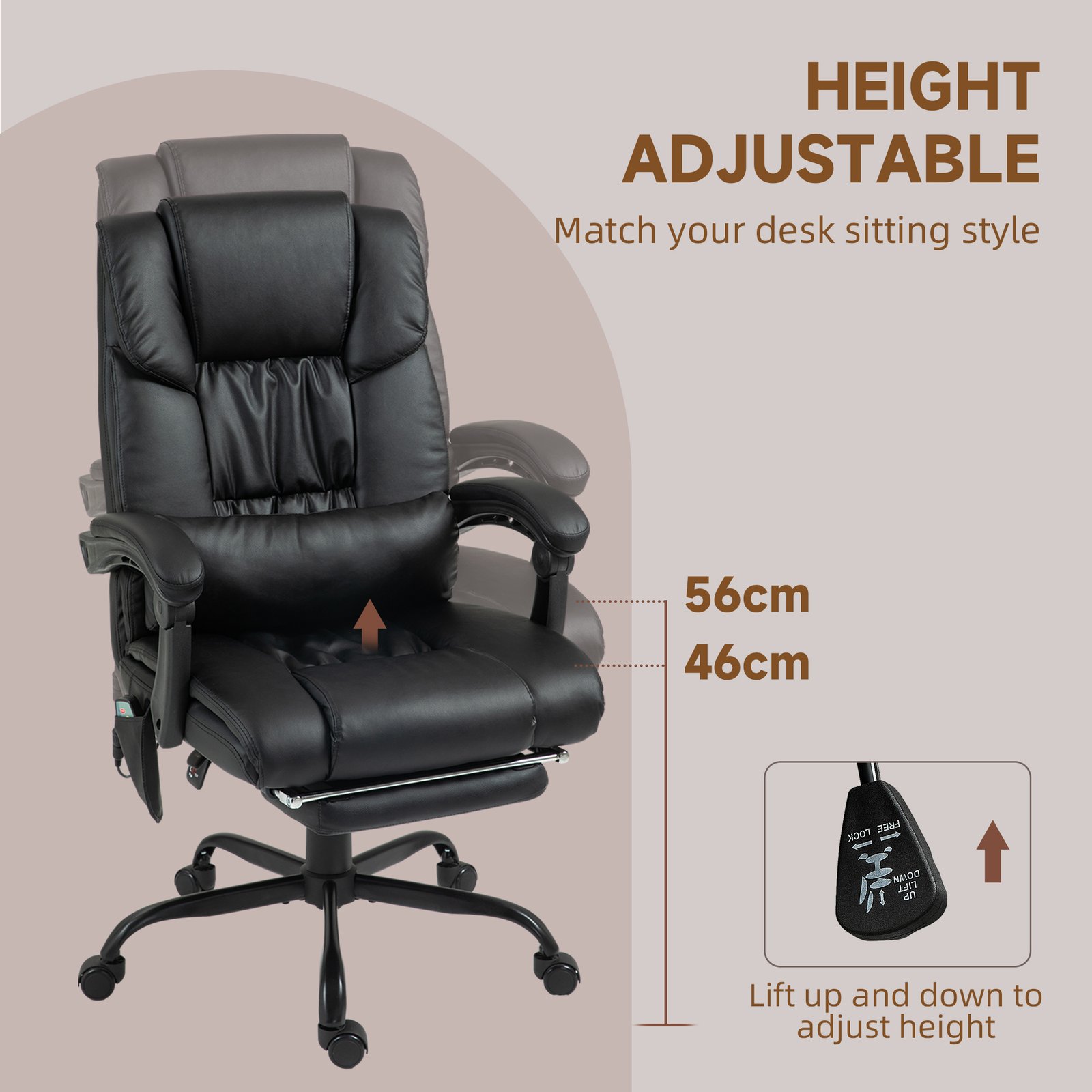 Vinsetto 6-Point Massage Office Chair, PU Leather Desk Chair with Adjustable Height and Footrest for Home Office, Black - Image 4