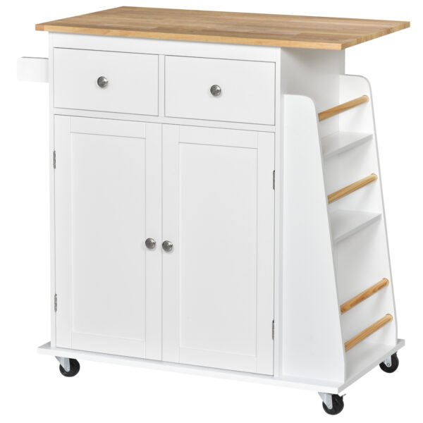 HOMCOM Kitchen Island on Wheels, Mobile Storage Trolley, Rolling Kitchen Cart with Rubber Wood Top, 2-Door Cabinets, 2 Drawers, Adjustable Shelf, 3-Tier Spice Rack, Drawers HOMCOM Kitchen Island on Wheels, Mobile Storage Trolley, Rolling Kitchen Cart with Rubber Wood Top, 2-Door Cabinets, 2 Drawers, Adjustable Shelf, 3-Tier Spice Rack, Drawers
