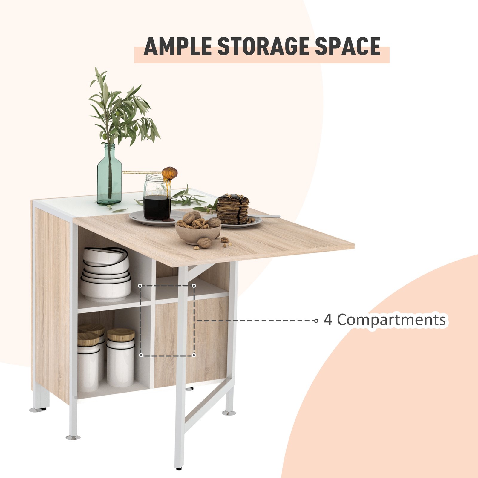 HOMCOM Foldable Drop Leaf Dining Table Folding Workstation for Small Space with Storage Shelves Cubes Oak & White - Image 6
