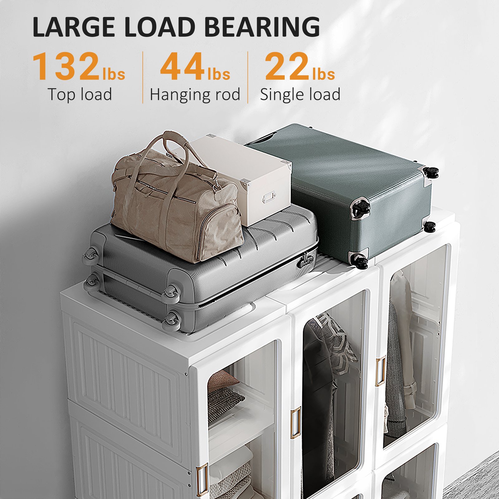 HOMCOM Portable Clothes Wardrobe for Bedroom, Foldable Clothes Organiser with Cube Storage, Hanging Rods, Magnet Doors, White - Image 6
