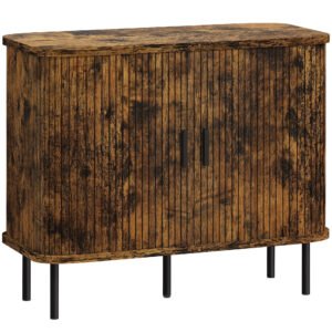 HOMCOM Mid-Century Modern Sideboard Storage Cabinet with Slatted Tambour Sliding Doors, Kitchen Cabinet with Steel Legs, Rustic Brown