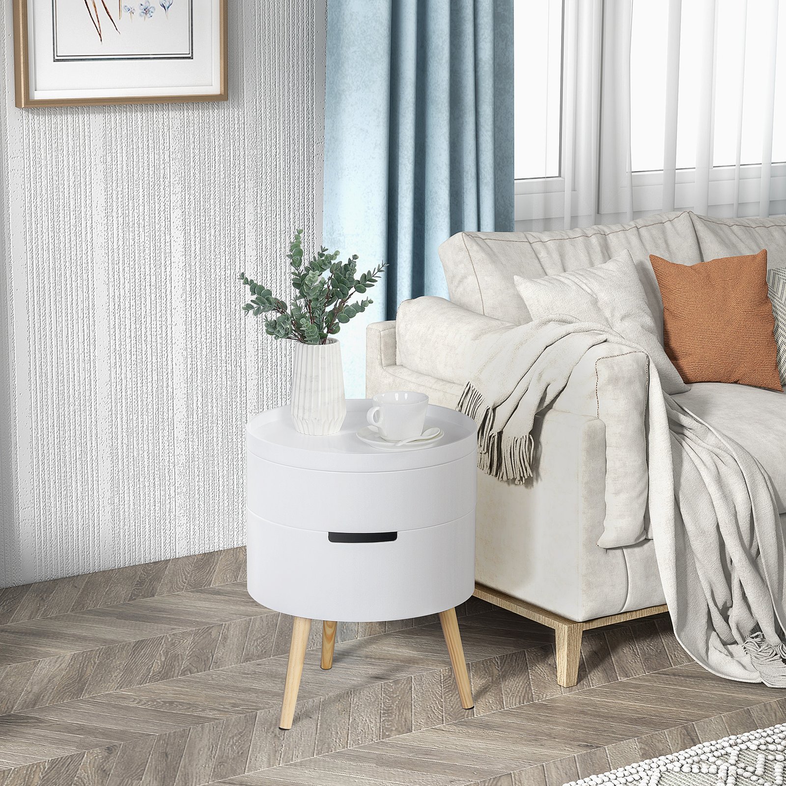 HOMCOM 3-Tier Coffee Table, Round End Table with 2 Hidden Compartments and Detachable Tray, Side Table with Storage for Living Room, White - Image 2