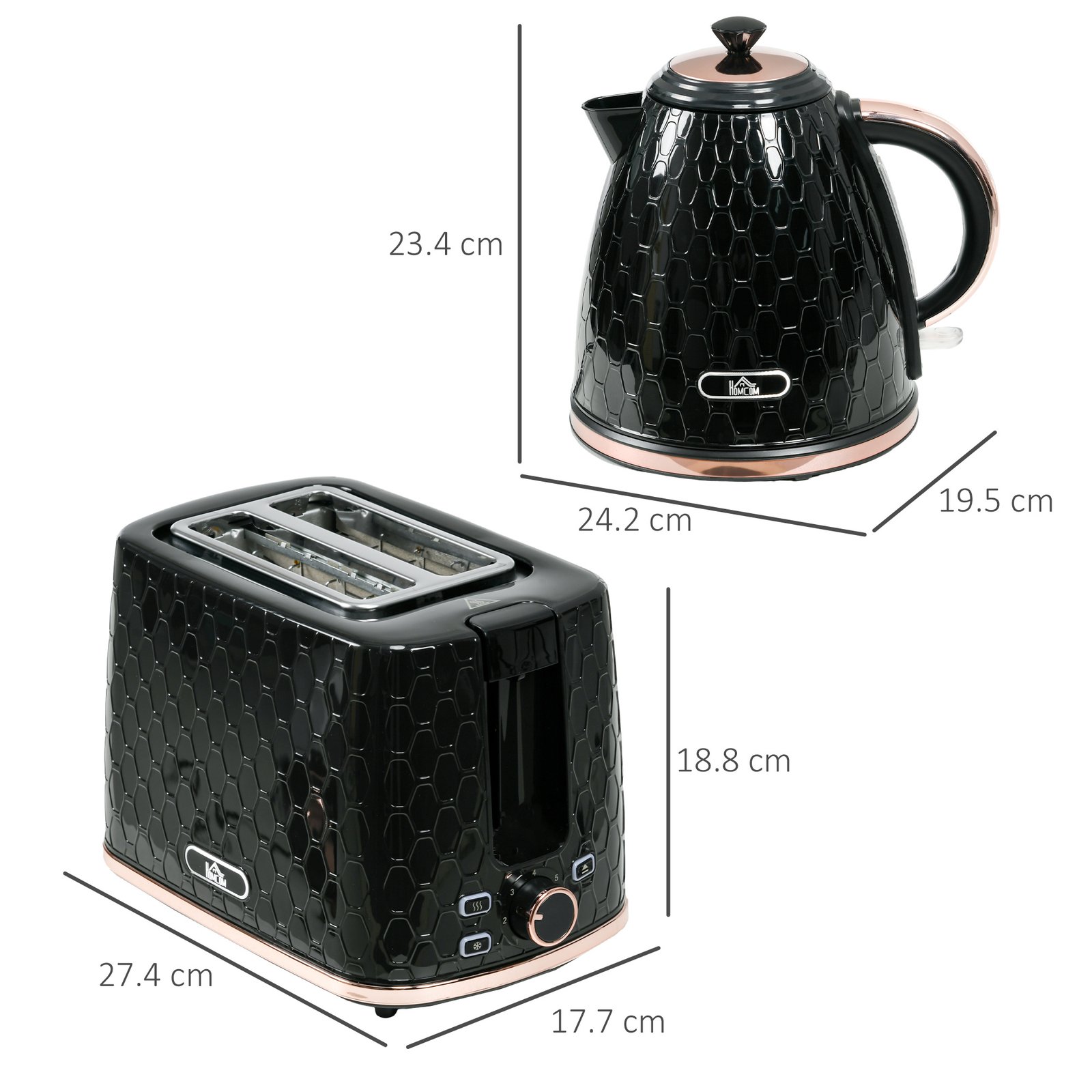 HOMCOM 1.7L 3000W Fast Boil Kettle & 2 Slice Toaster Set, Kettle and Toaster Set with Auto Shut Off, Browning Controls, Black - Image 3