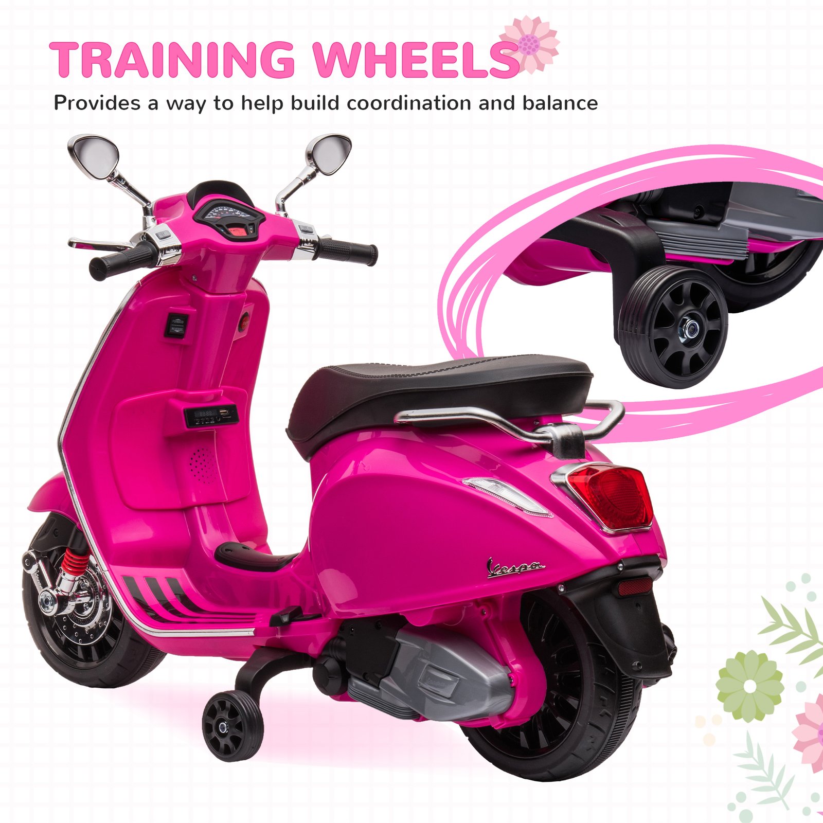 AIYAPLAY 12V Vespa Licensed Kids Electric Motorbike w/ Music, Headlights, FM Radio, for 3-6 Years - Pink - Image 6