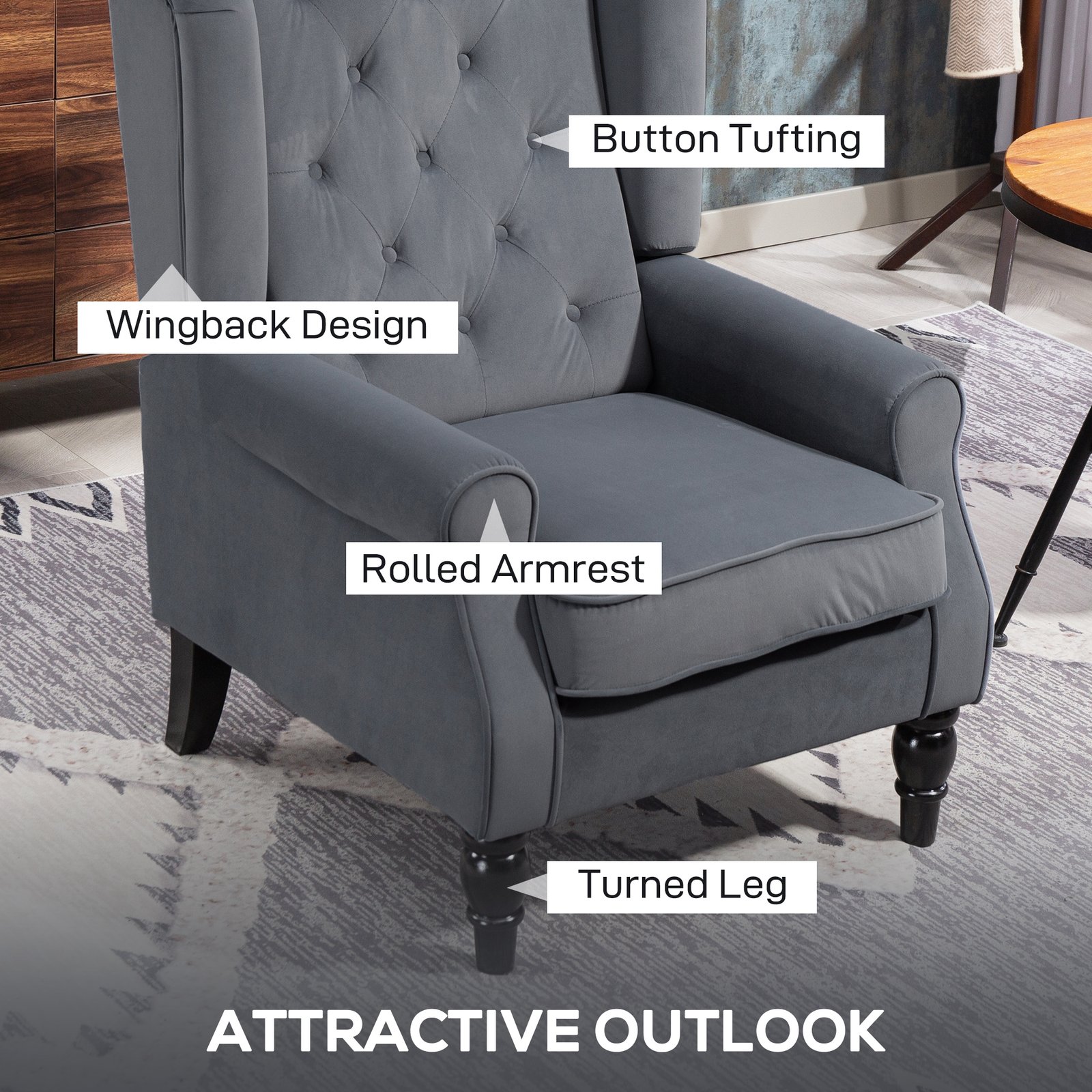 HOMCOM Wingback Accent Chair, Retro Upholstered Button Tufted Occasional Chair for Living Room and Bedroom, Grey - Image 4